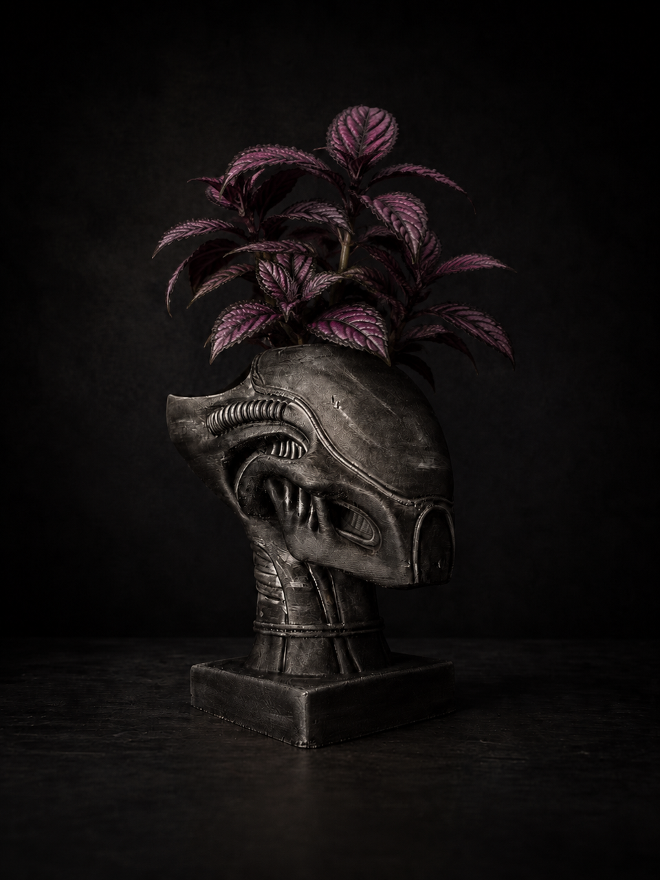Xenophyte sci fi head plant pot shown from front angle