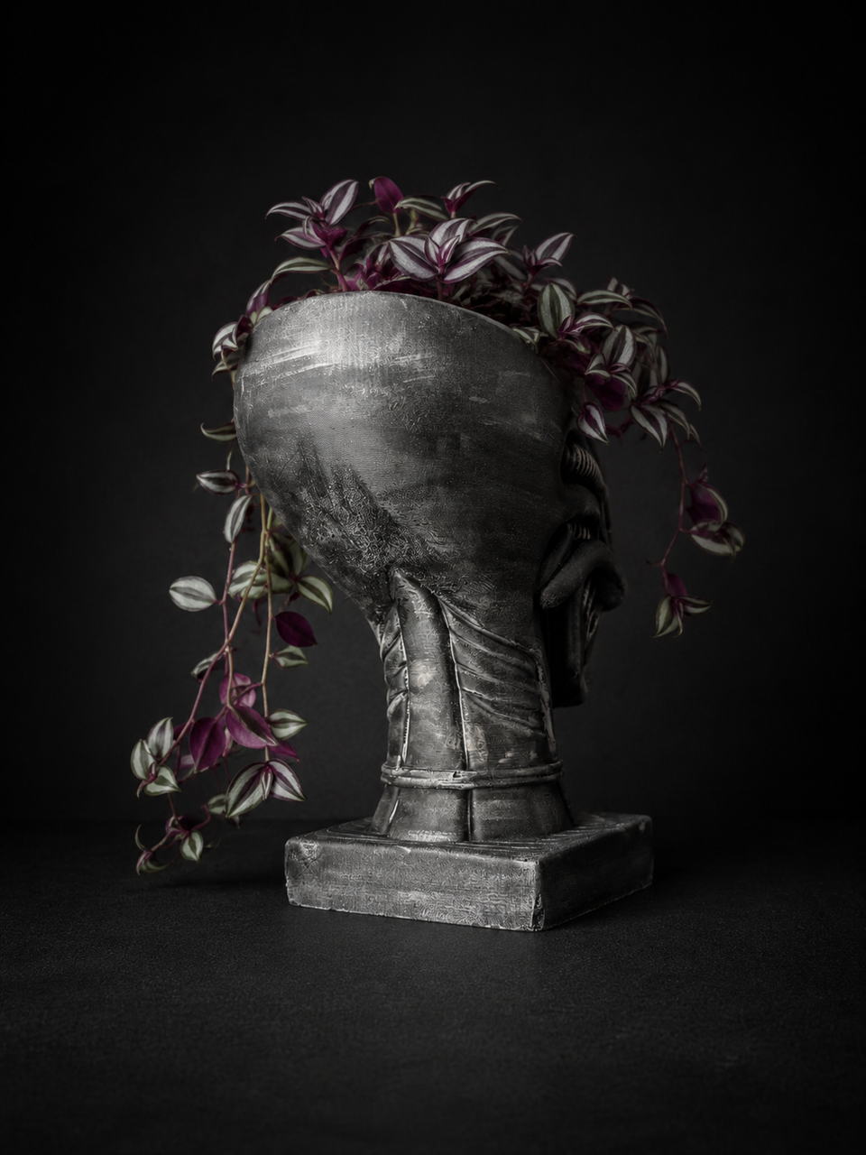 Rear view of Xenophyte cast stone head planter with trailing plant