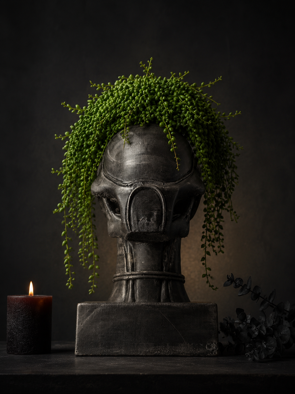 Xenophyte black cast stone planter with trailing green plant