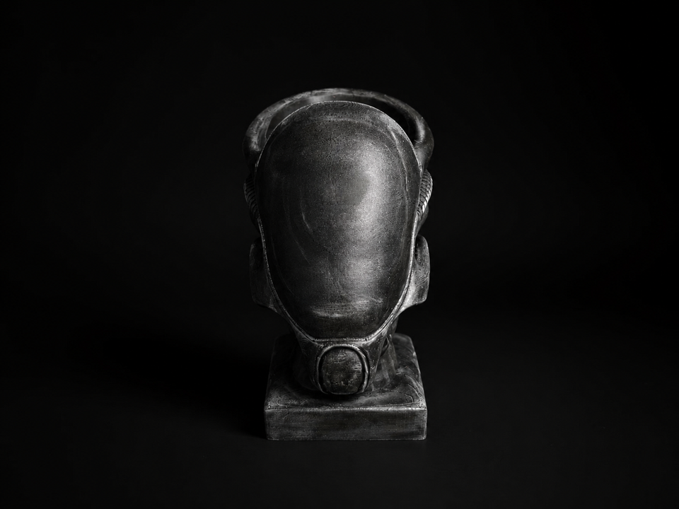 Front view of Xenophyte alien head planter in black cast stone