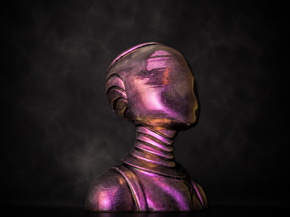 Oracle sculptural bust planter side view in dark metallic purple