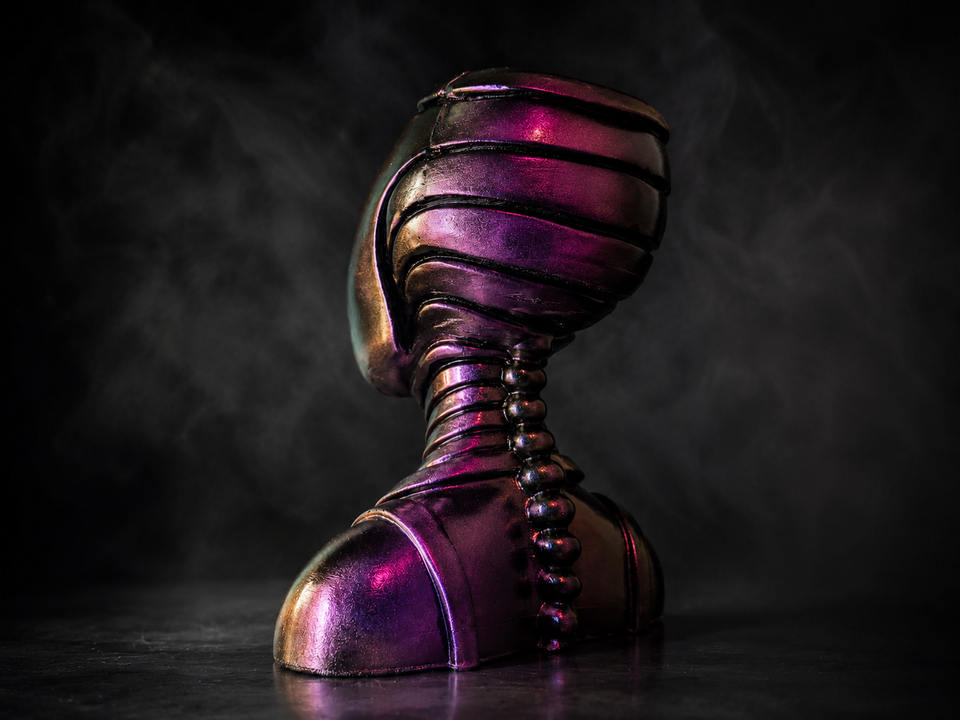 Oracle cast stone planter back view in purple finish