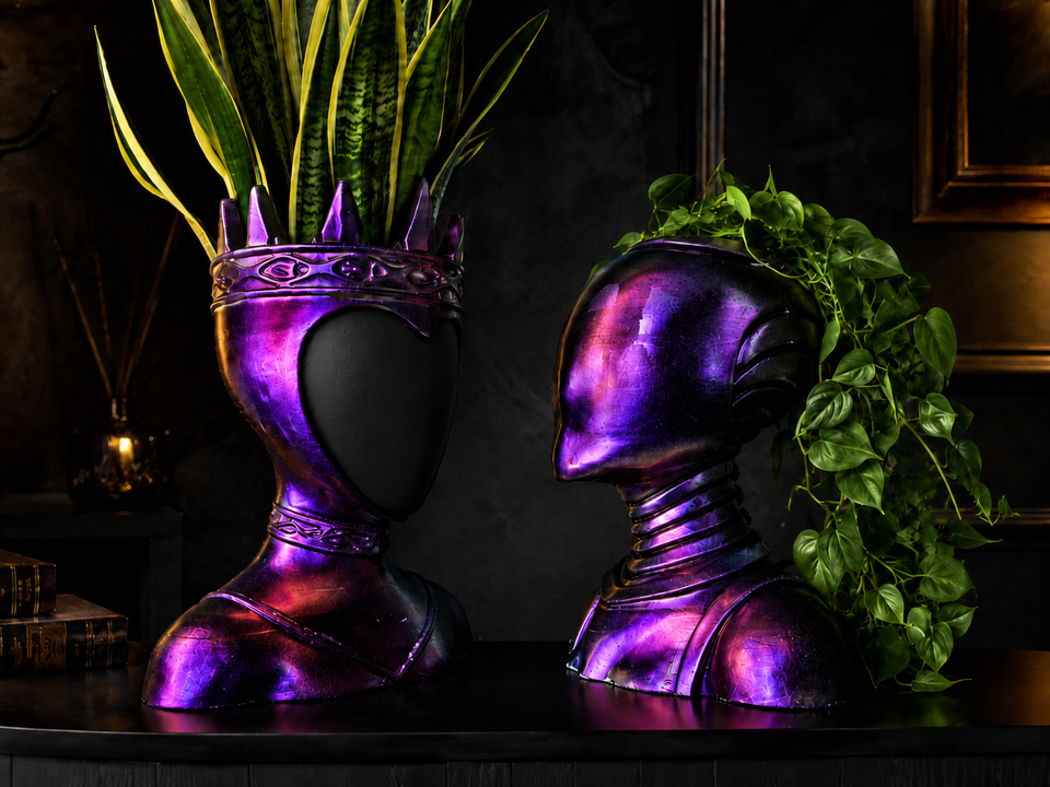 Queen and Oracle purple gothic planters styled with indoor plants