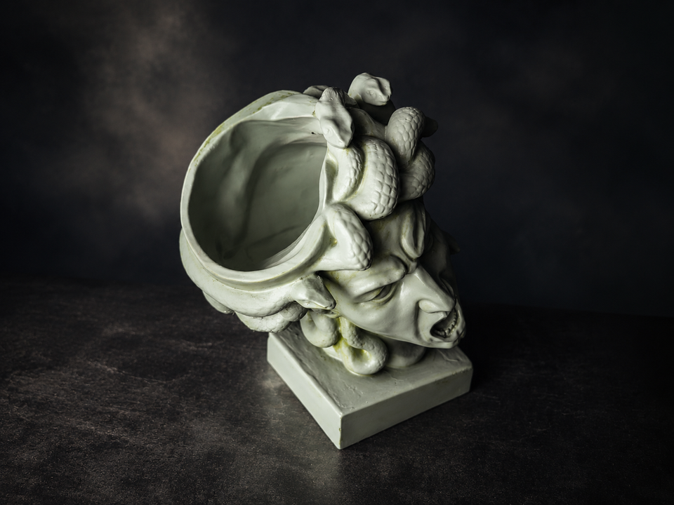 Top and side view of Medusa head plant pot showing opening
