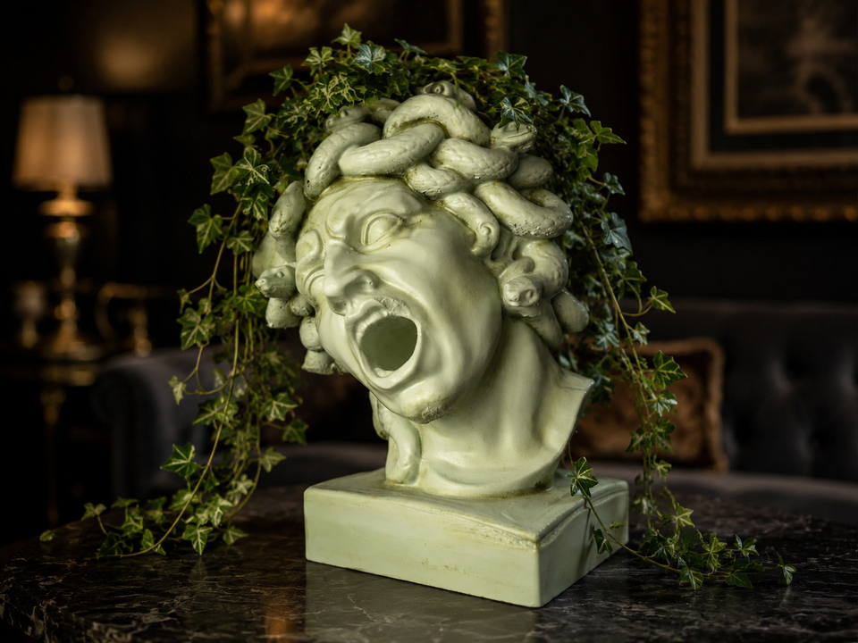 Medusa head planter styled indoors with ivy plant