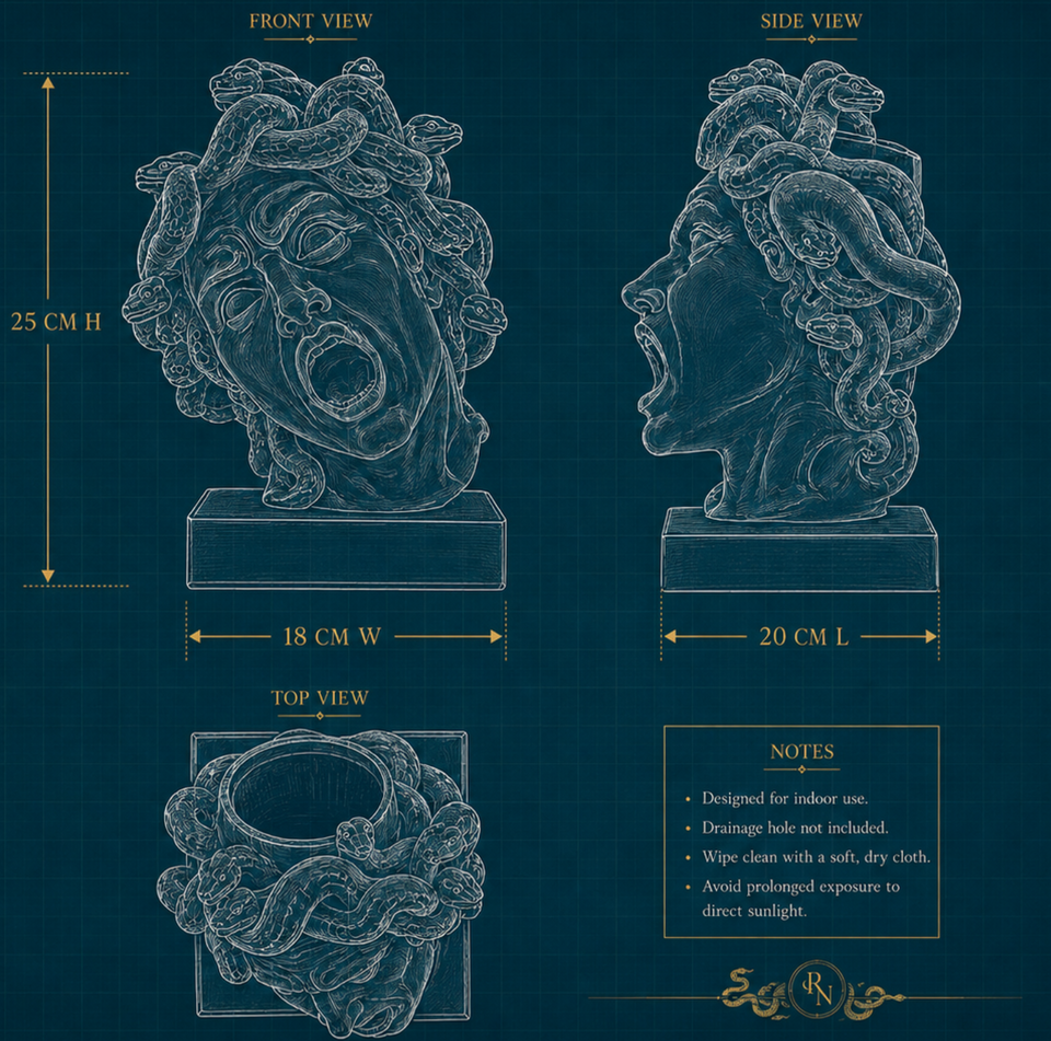 Dimension sheet for The Gorgon's Bloom planter showing 20 by 18 by 25 cm
