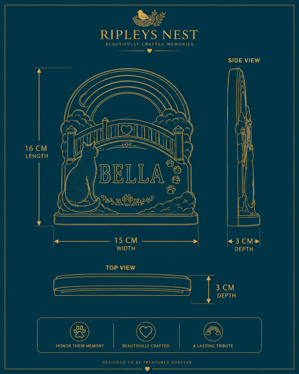 Dimensions diagram for personalised Rainbow Bridge cat grave marker showing 15 cm wide, 16 cm long and 3 cm deep