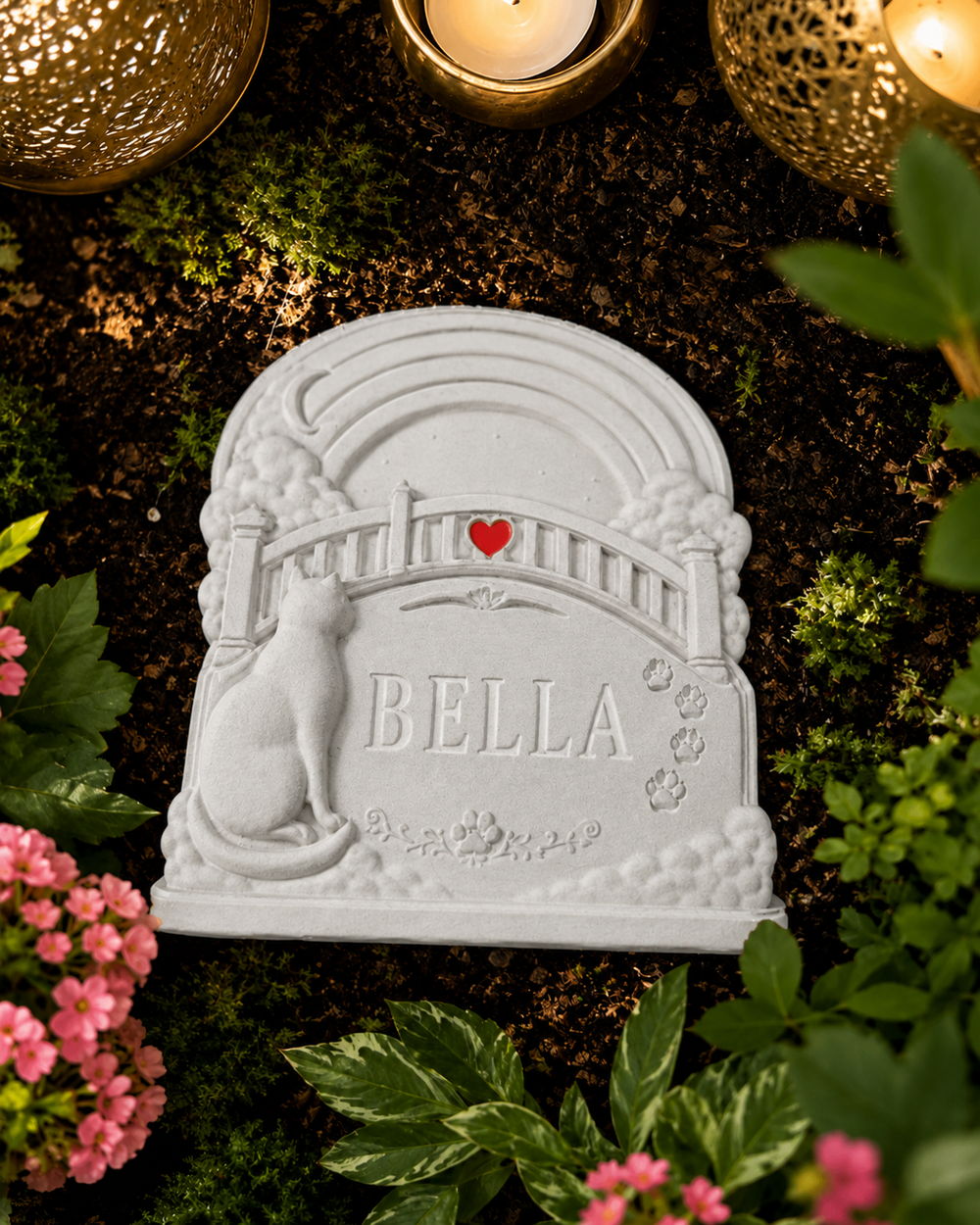 Personalised Rainbow Bridge cat grave marker in a garden memorial setting