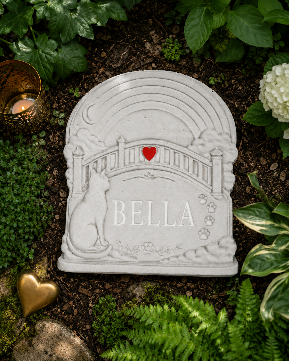 Personalised Rainbow Bridge cat grave marker shown from above among green plants