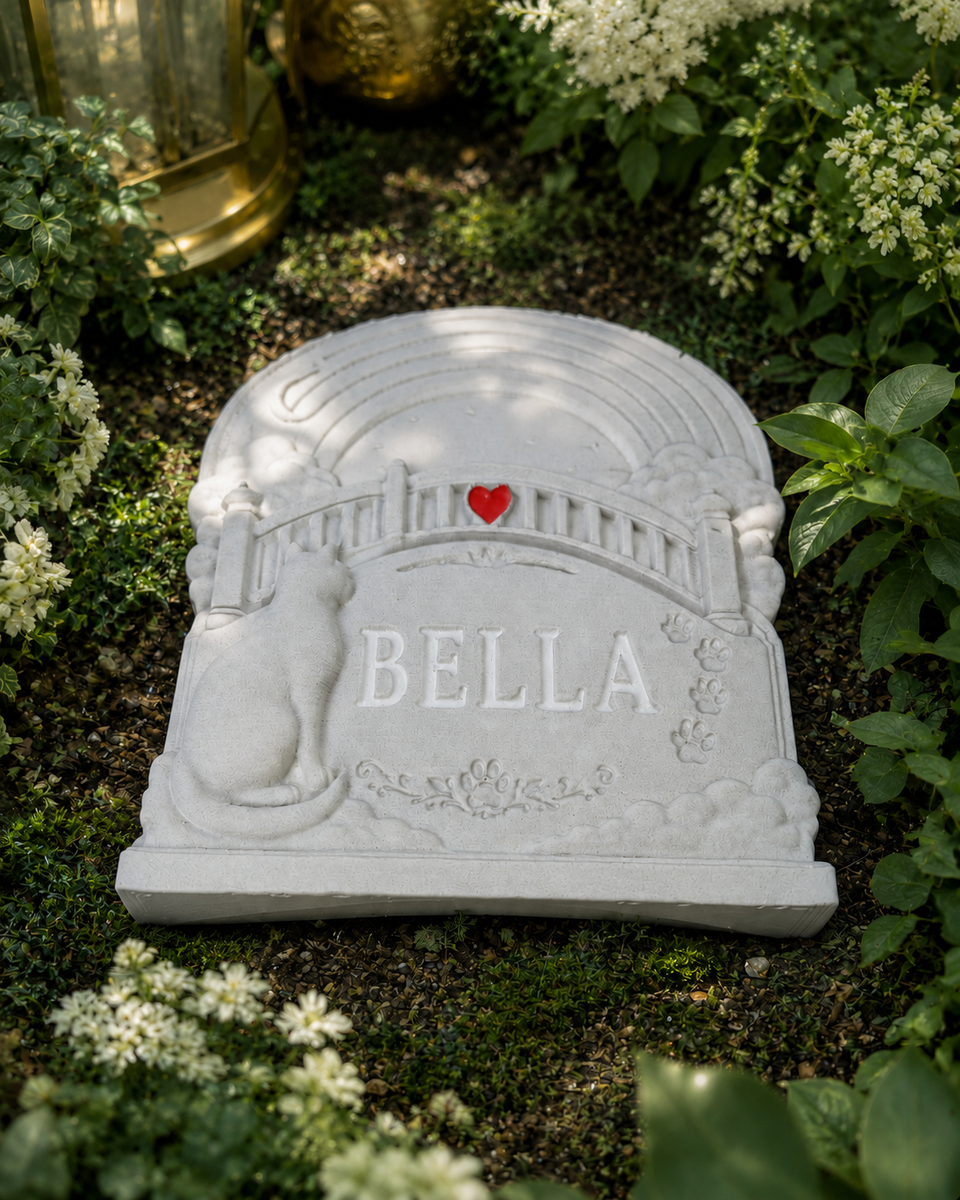 Personalised Rainbow Bridge cat grave marker with red heart detail outdoors
