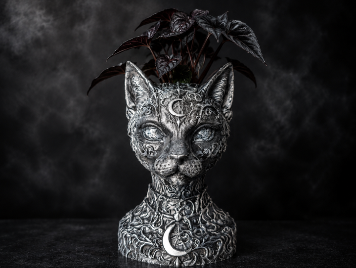 The Witch's Familiar Cat Planter shown front-facing with dark foliage