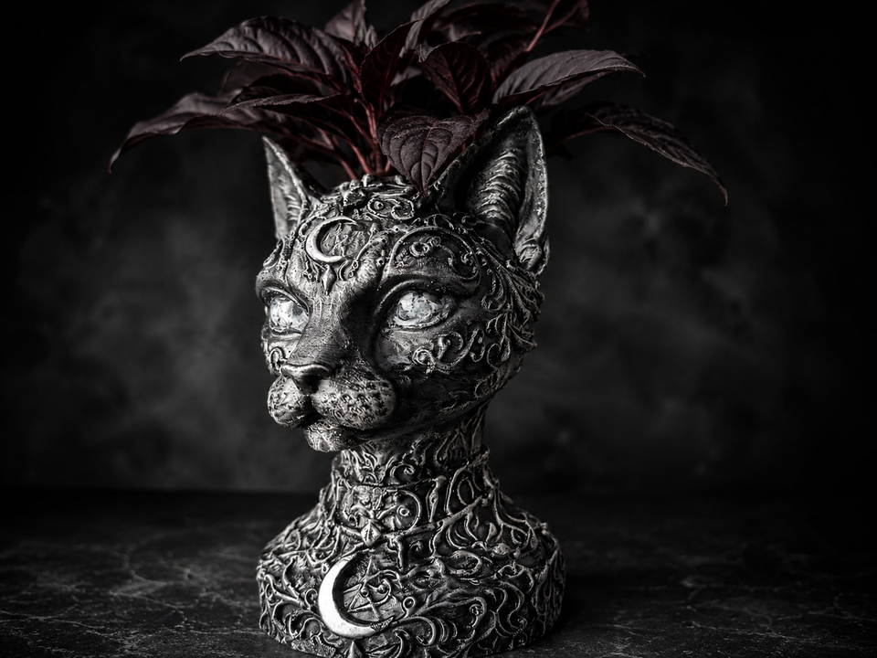 Three quarter view of gothic cat bust planter with planted foliage