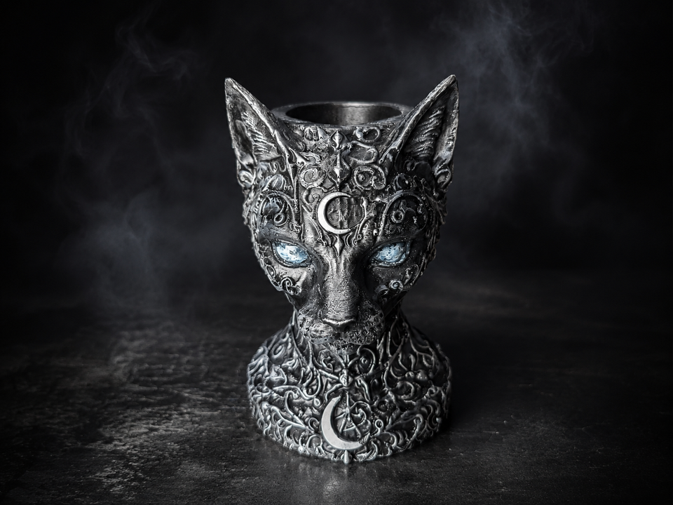Front view of cat plant pot showing open top and moon details