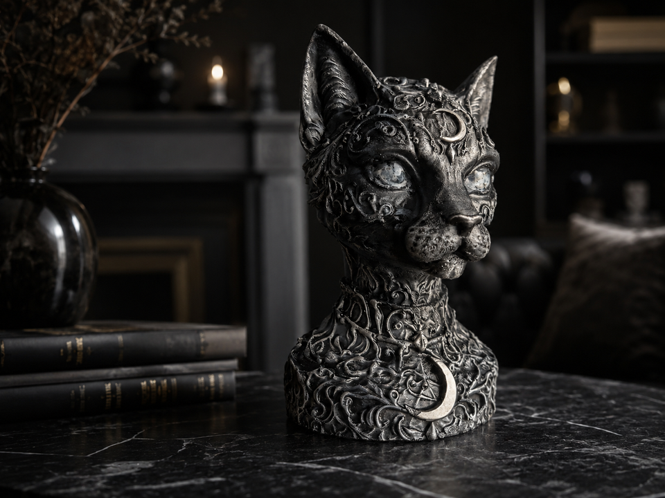 Lifestyle view of The Witch's Familiar Cat Planter on a dark interior table