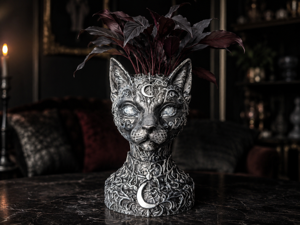 Cat bust planter styled with dark foliage in a gothic interior