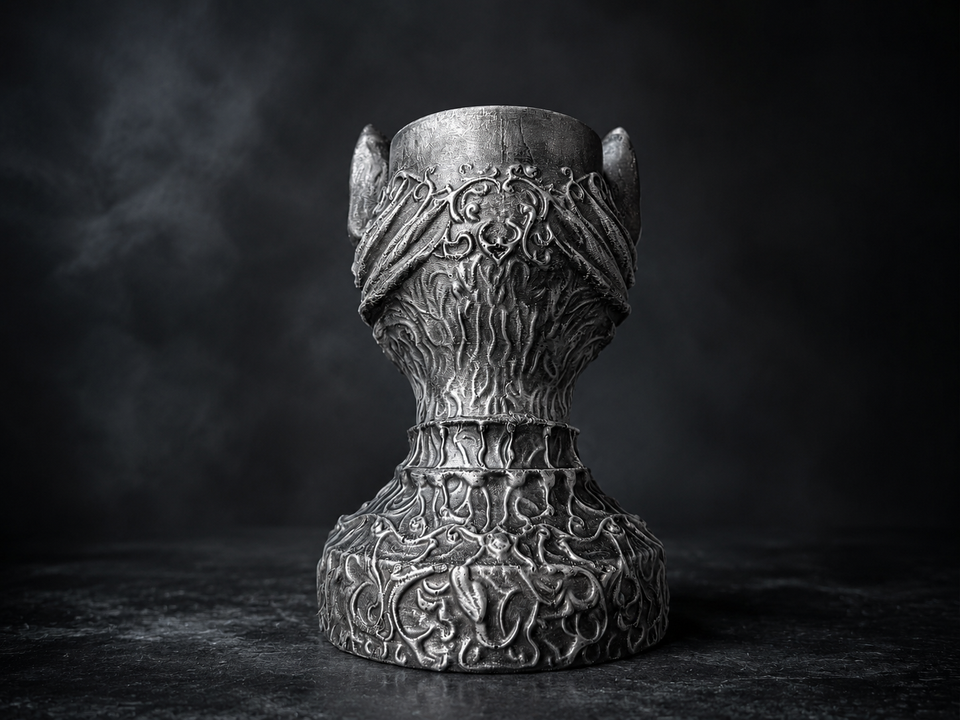 Rear view of ornate cast stone cat planter showing raised scroll detail