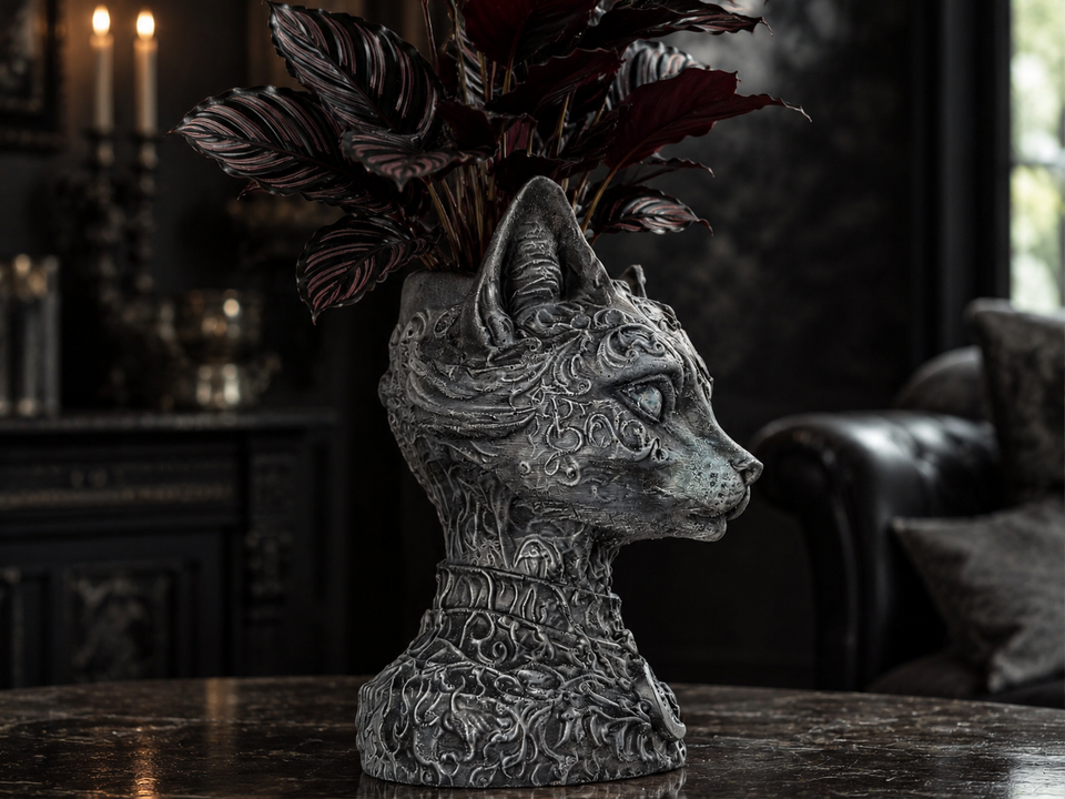 Side lifestyle view of cat planter with burgundy foliage