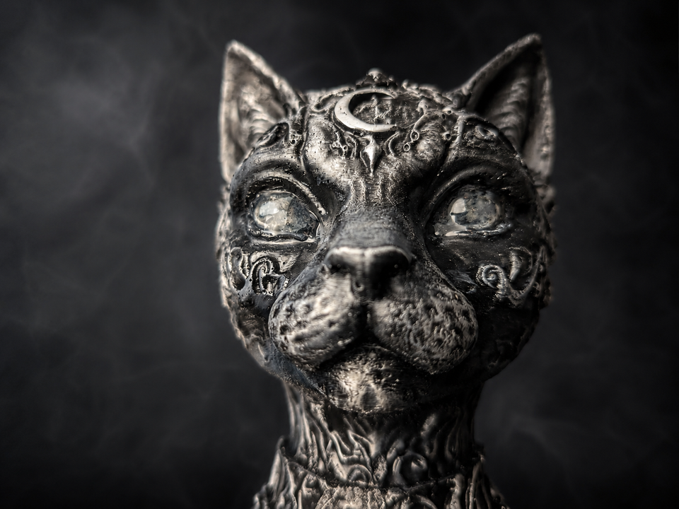 Close front detail of cat planter face with crescent moon forehead detail