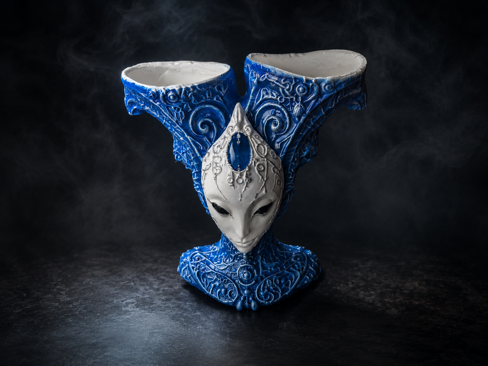 The Blue Trickster alien planter shown empty from the front
