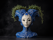 The Blue Trickster alien planter styled with trailing green plants