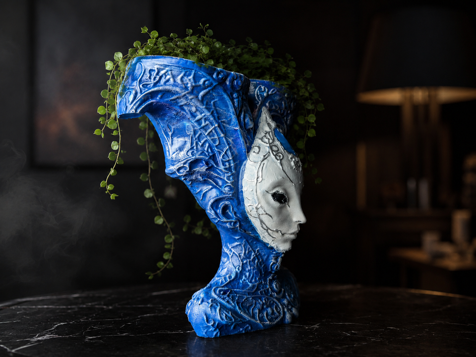 Side lifestyle view of The Blue Trickster blue alien plant pot