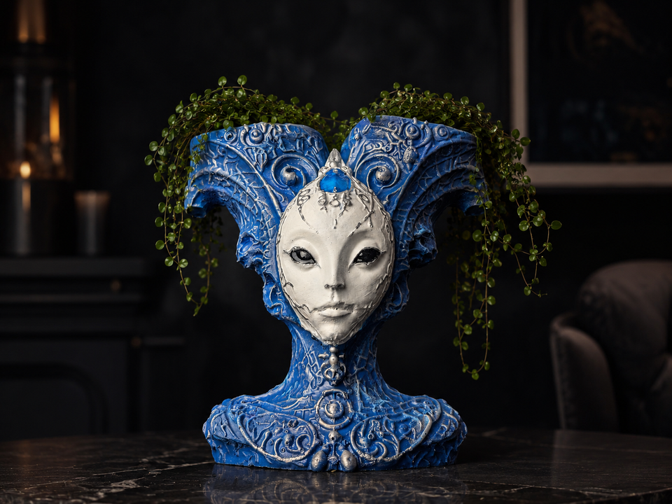 Front lifestyle view of The Blue Trickster planted on a dark table