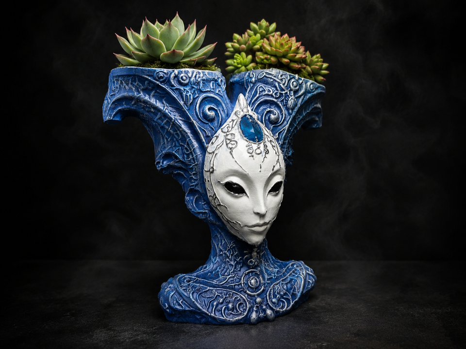 The Blue Trickster alien planter styled with succulents