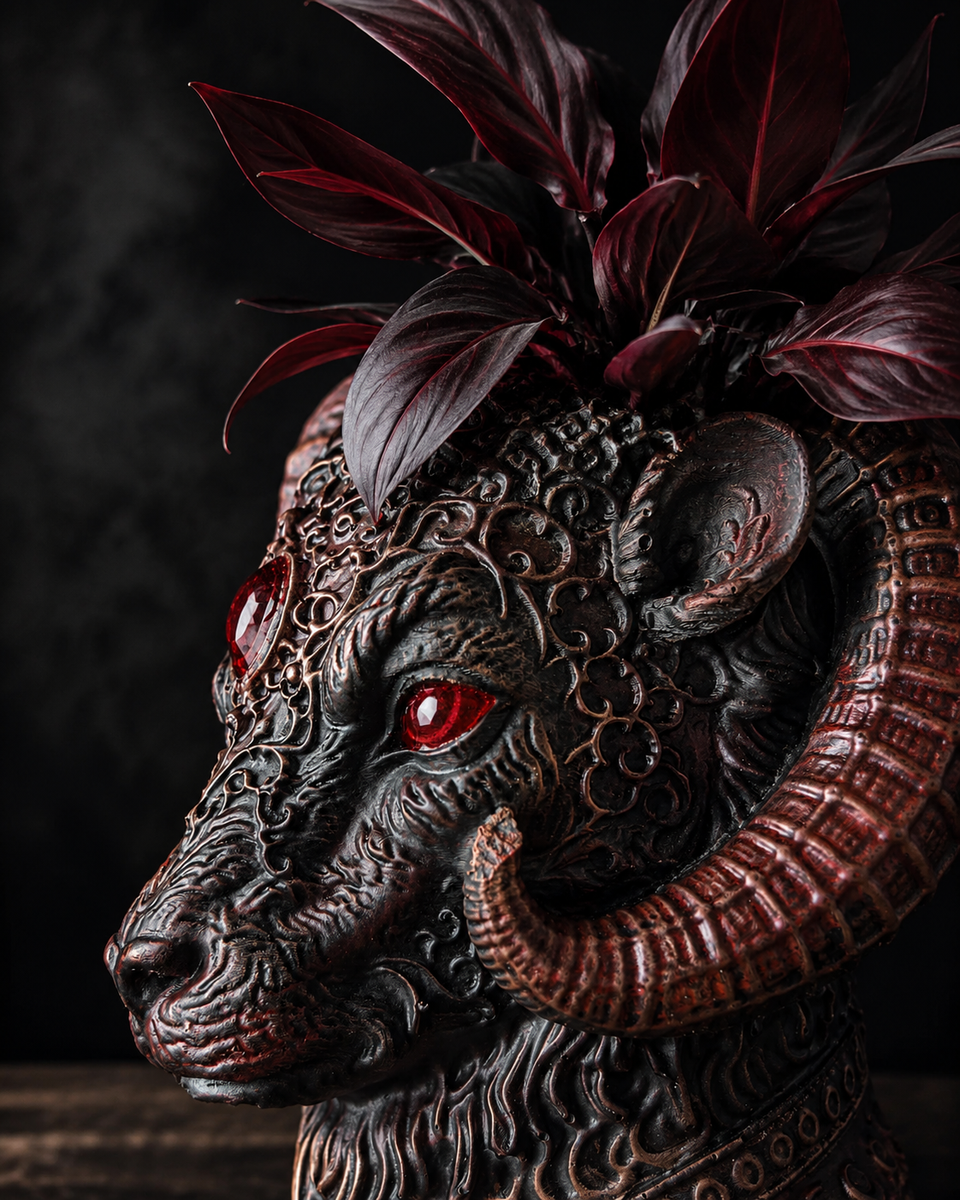 Close detail of The Blood Moon Ram gothic ram planter with red eye detail and carved horns