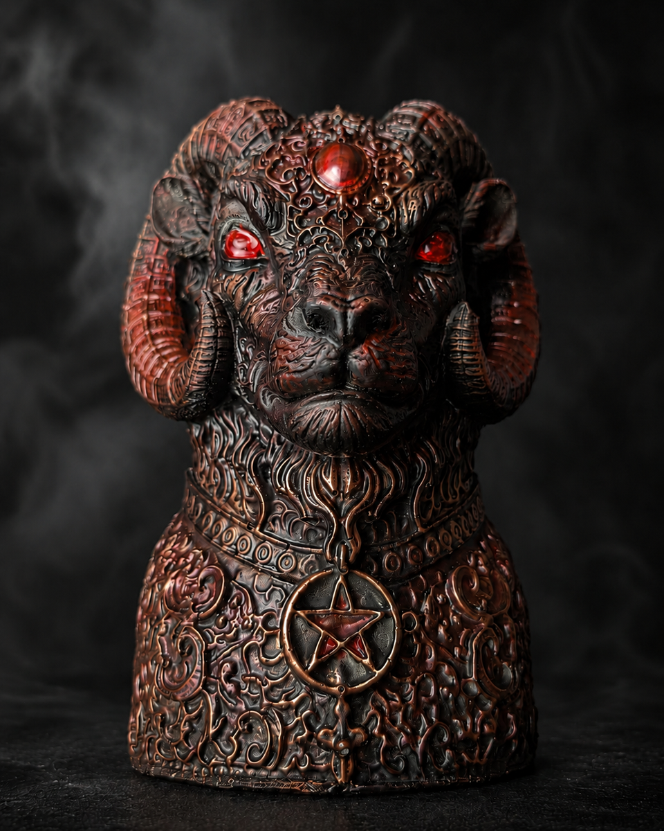 Front view of The Blood Moon Ram ornate cast stone plant pot with pentagram pendant detail