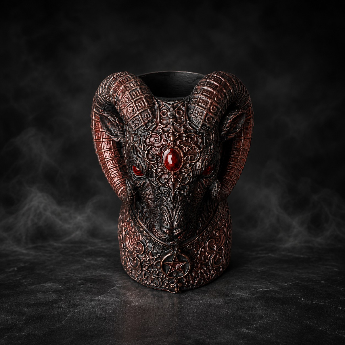 Top front view of The Blood Moon Ram showing planter opening and curled horn detail