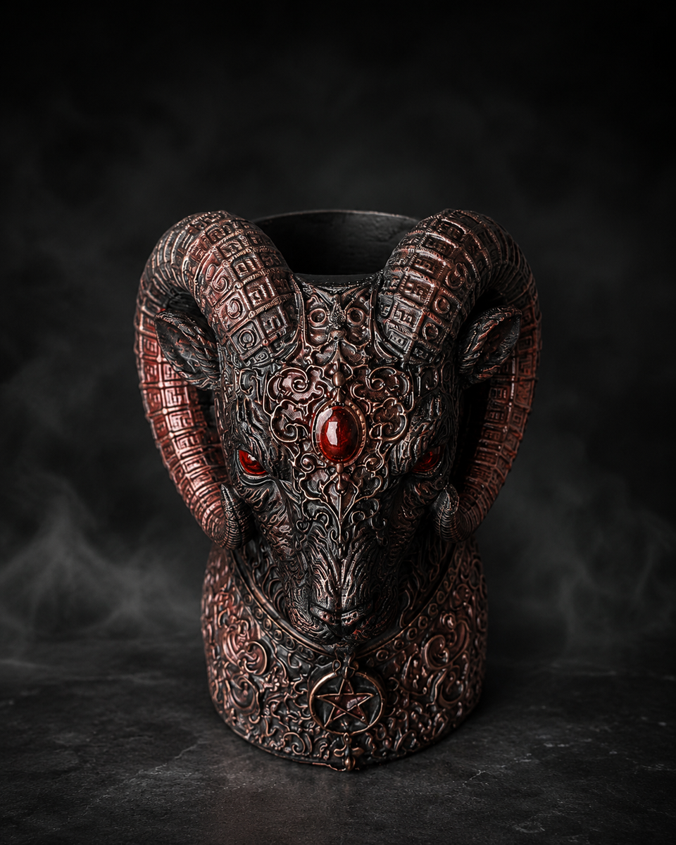 Top front view of The Blood Moon Ram showing planter opening and curled horn detail