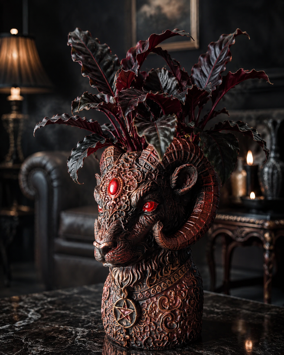 The Blood Moon Ram plant pot styled indoors with dark red foliage and gothic room setting