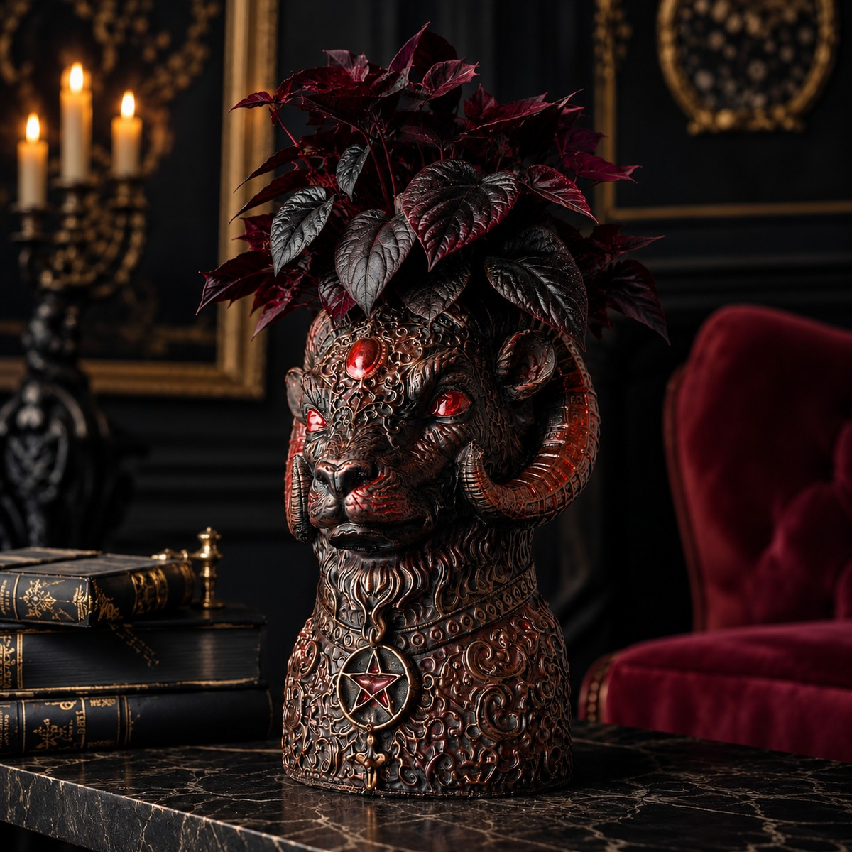 The Blood Moon Ram ram head planter with burgundy foliage in dark gothic interior