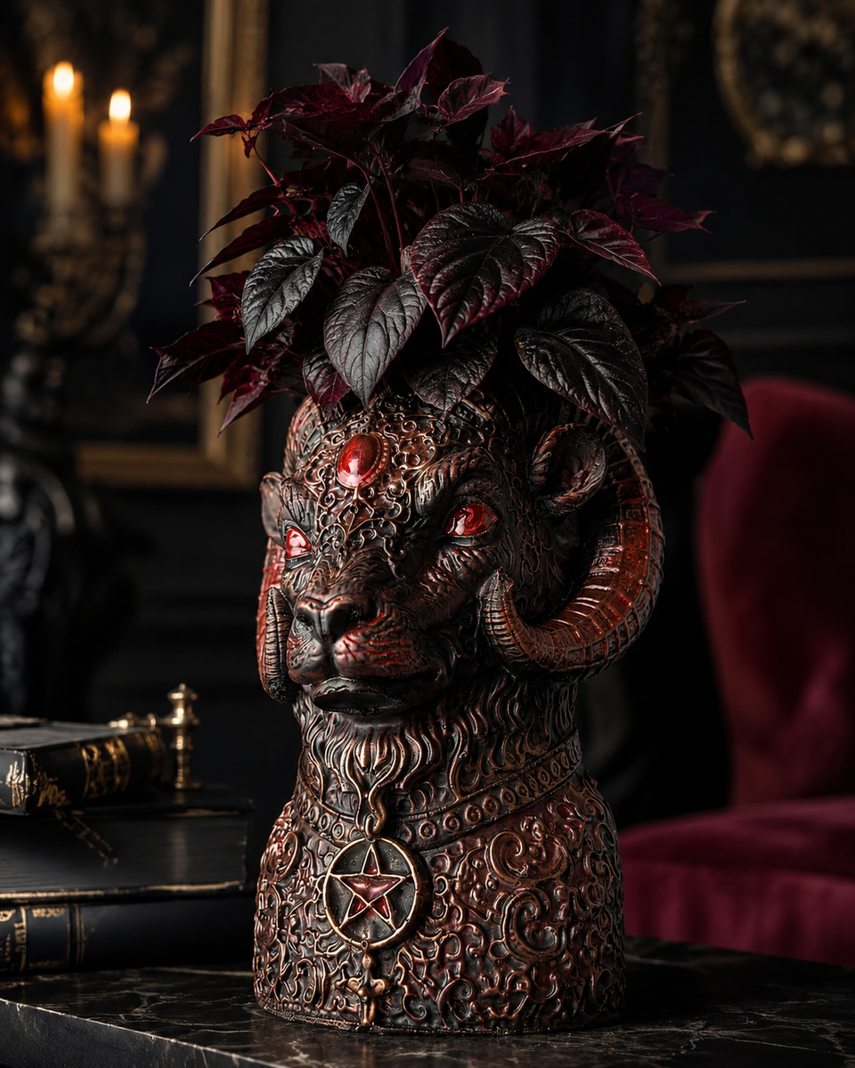 The Blood Moon Ram ram head planter with burgundy foliage in dark gothic interior