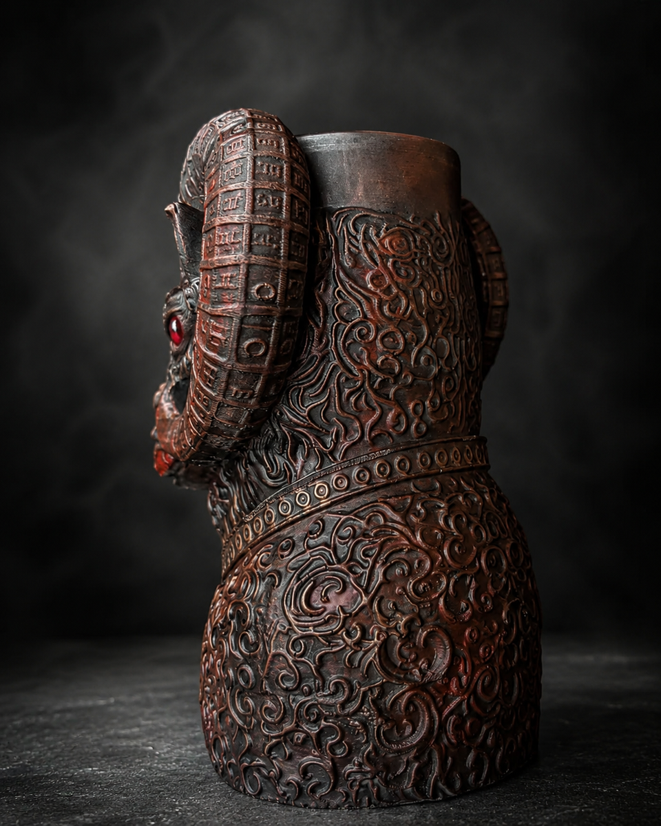 Back view of The Blood Moon Ram cast stone planter showing carved scrollwork and planting cavity