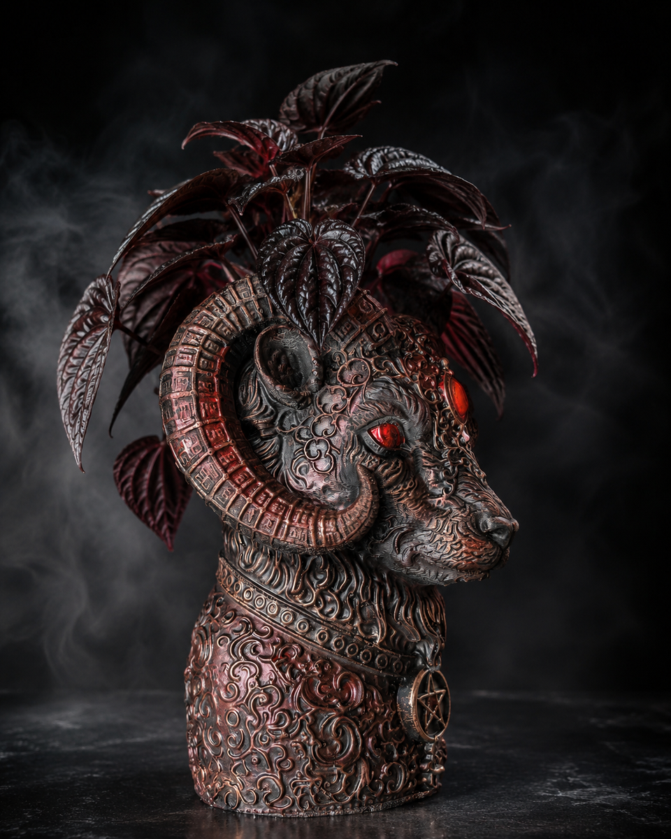 Side view of The Blood Moon Ram cast stone ram planter with curled horn and red eye detail