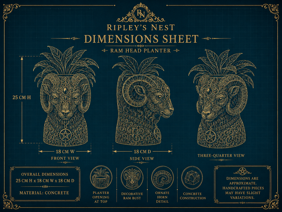 Dimensions sheet for The Blood Moon Ram planter showing 25cm high by 18cm wide by 18cm deep
