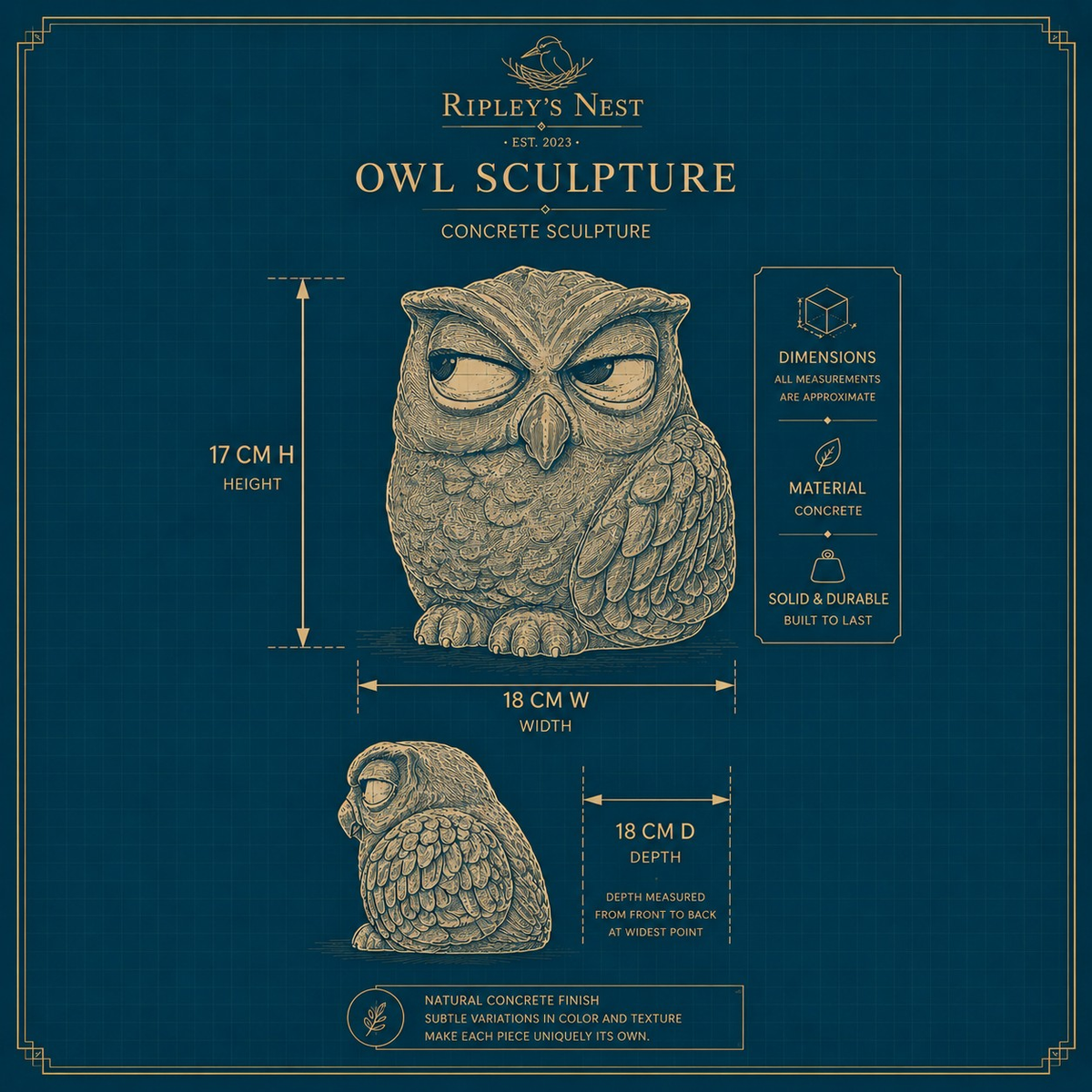 Dimensions sheet for The Little Critic owl sculpture showing 17 cm high by 18 cm wide by 18 cm deep