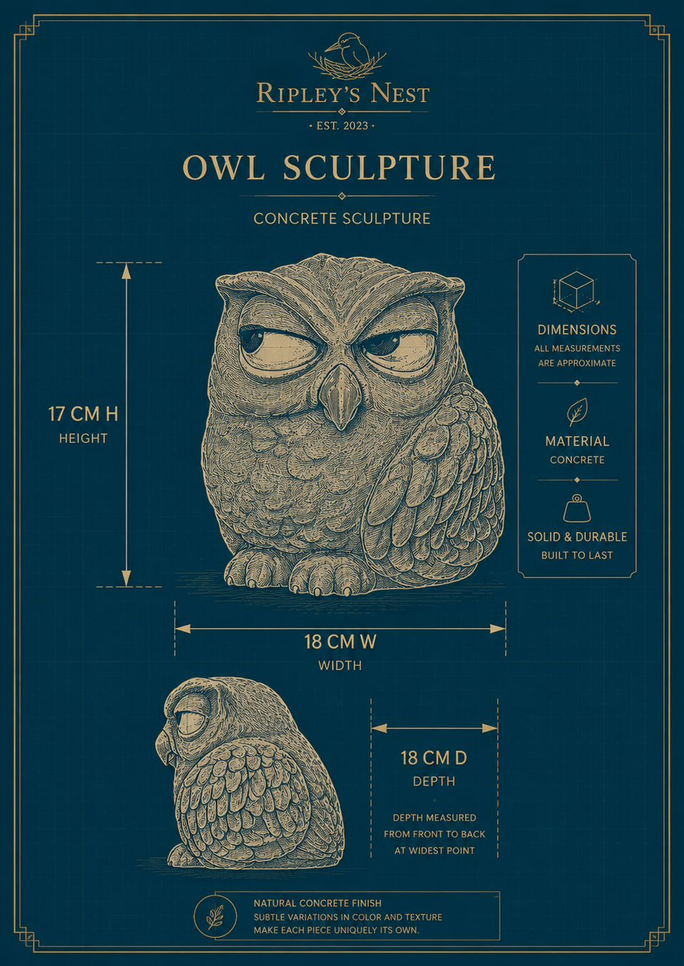 Dimensions sheet for The Little Critic owl sculpture showing 17 cm high by 18 cm wide by 18 cm deep