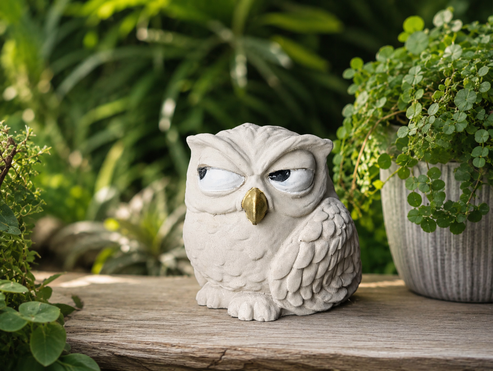 The Little Critic cast stone owl garden ornament with white body, gold beak and suspicious side-eye expression