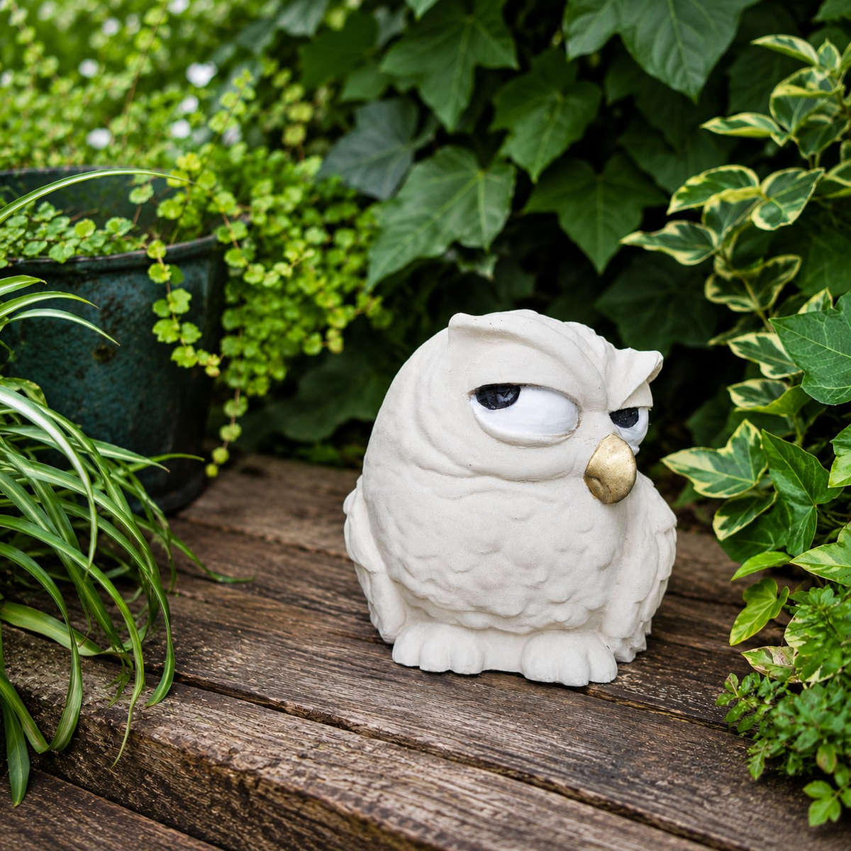 The Little Critic owl garden statue angled on a wooden garden bench among green plants