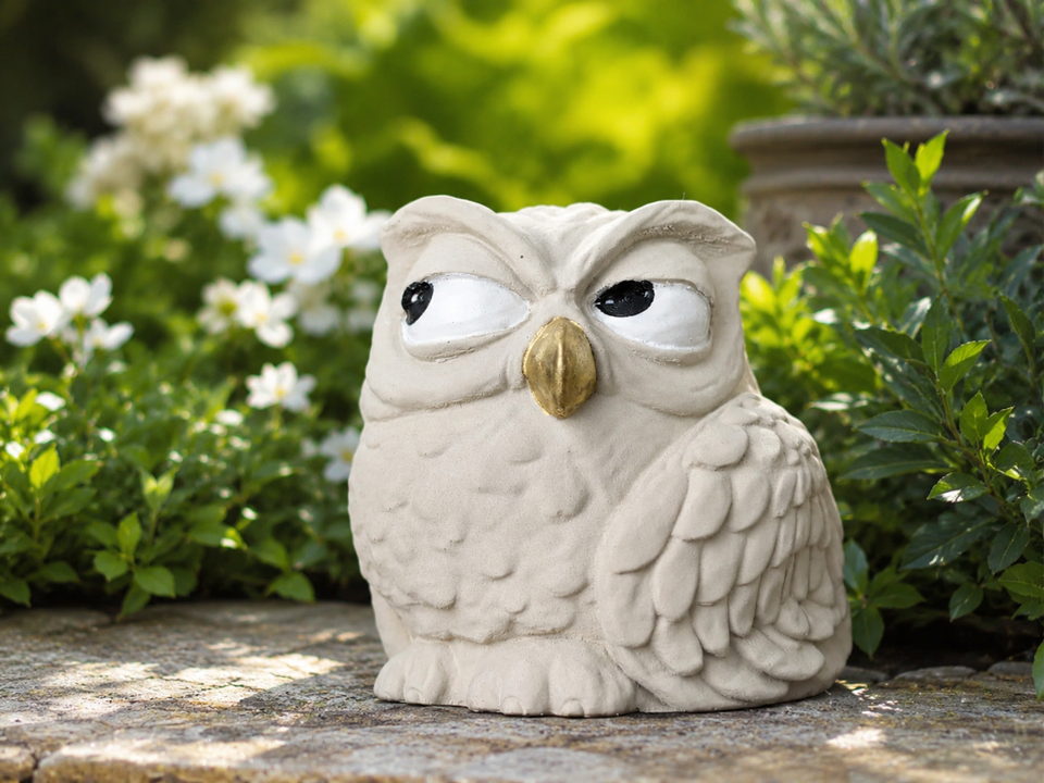 Front view of The Little Critic owl ornament with hand-painted eyes and gold beak in a garden setting