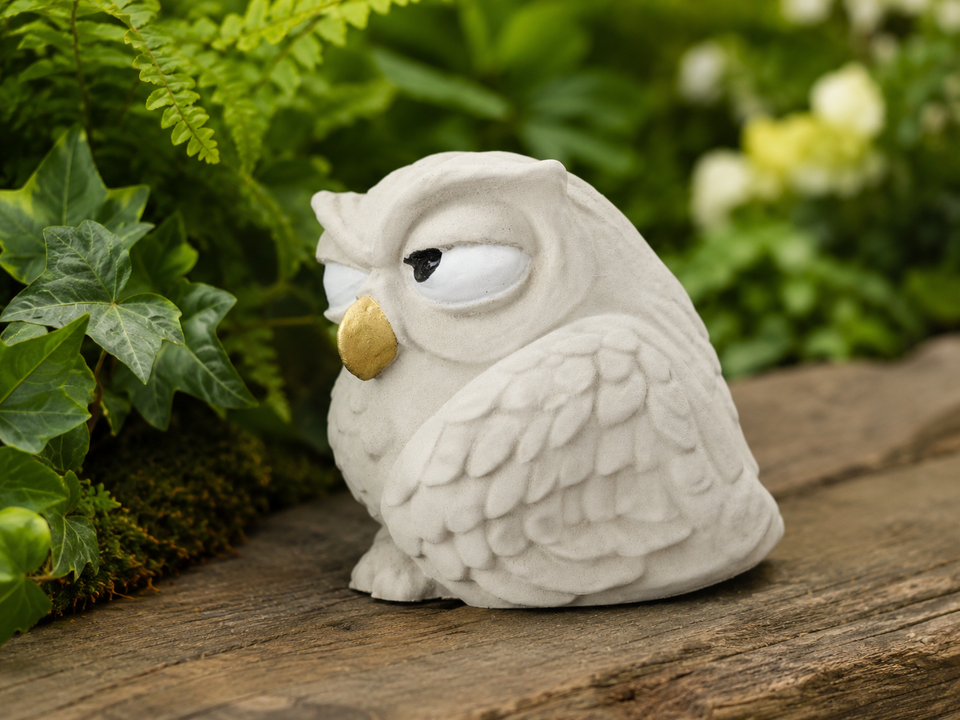 Side view of The Little Critic owl ornament showing sculpted wing and feather detail