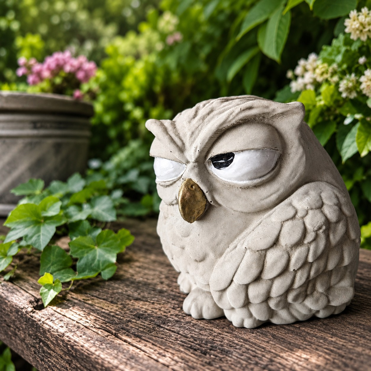 Close detail of The Little Critic owl garden ornament showing textured cast stone and painted eye detail