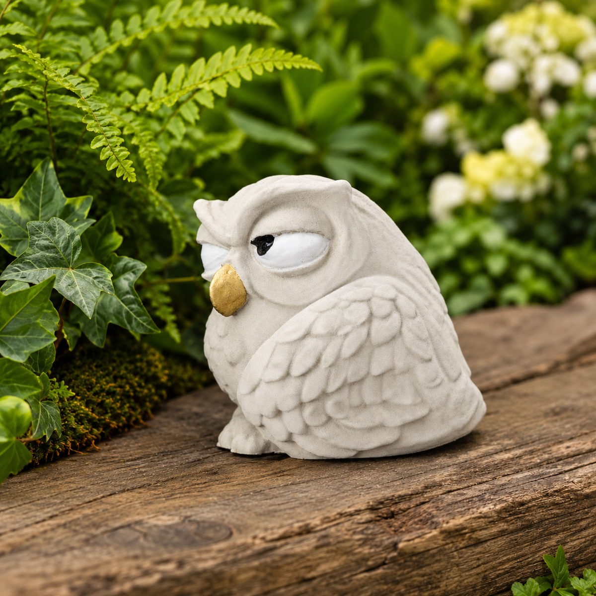 Side profile of The Little Critic owl sculpture showing gold beak and rounded cast stone body