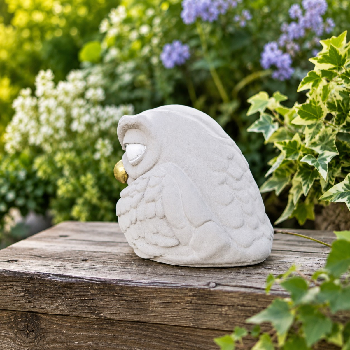 Back side view of The Little Critic owl ornament showing smooth cast stone body and feather detail