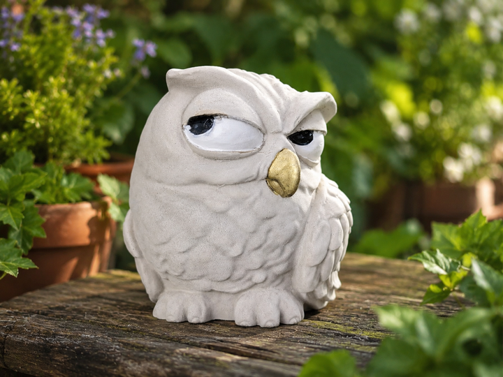 The Little Critic cast stone owl garden ornament shown front-on with gold beak and suspicious side-eye expression