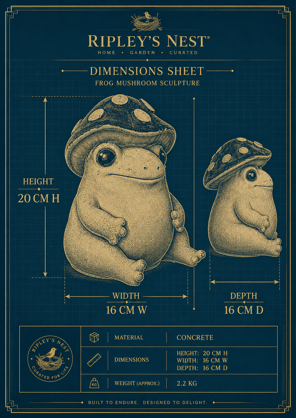 Dimensions sheet for Mallowcap frog mushroom sculpture showing 20 cm high by 16 cm wide by 16 cm deep
