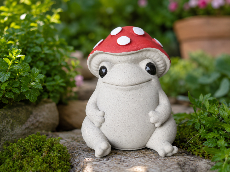 Front view of Mallowcap mushroom frog ornament with red toadstool cap and black eyes