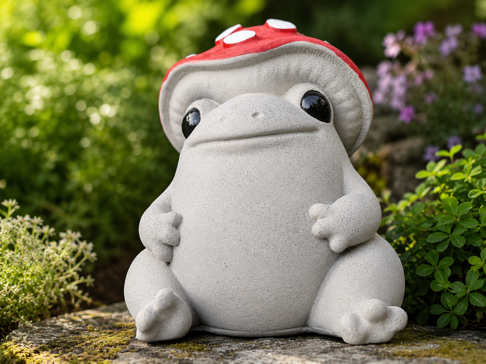 Close front detail of Mallowcap cast stone mushroom frog sculpture with smooth belly and red cap